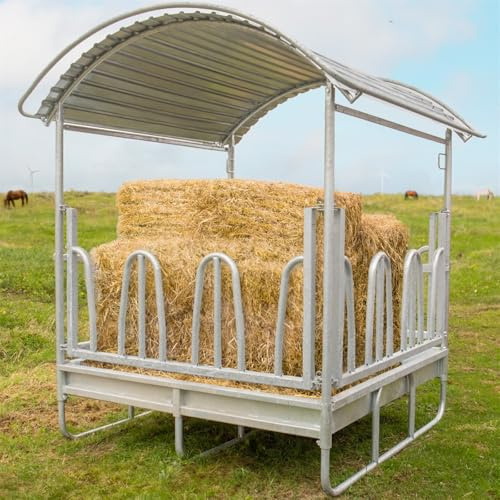 VOSS.farming Viereckraufe „Classic“, 12 Fressplätze, 2,10 x 2,10 x 2,75m, Heuraufe mit Dach und Palisadenfressgitter, Futterraufe, Rundballenraufe