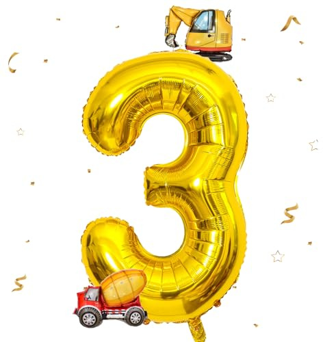 DazzJoy Bagger Luftballon 3. Geburtstag,40 Zoll Gold Zahlenballon 3 mit Bagger Folienballon,Baggere Geburtstag Deko 3 Jahre Junge, Baggere Deko Zahlen 3 Ballon, Baustellen Party Kindergeburtstag Deko