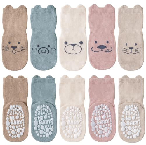 SockWaddles Stoppstrumpor Barn Baby, 5 Par ABS Andningsbara Anti-Halkstrumpor Barn, Kravlstrumpor Baby Bomull, Pojkar och Flickor Crewstrumpor djurmotiv vit björn, 3-5 år