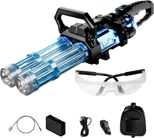 Gatling Water Gun, New Double Barrel Rotating Gatling Electric Water Gun with LED Shooting Light Range 40 Ft, High-Speed Continuous Firing, Rechargeable Battery, Capacity Backpack (Blue)