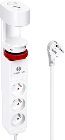 Aigostar Multiprise de Bureau avec Interrupteur, 3 Prises + 2 USB-A + 1 USB-C, Câble 1.5m, pour Maison et Bureau, Blanc