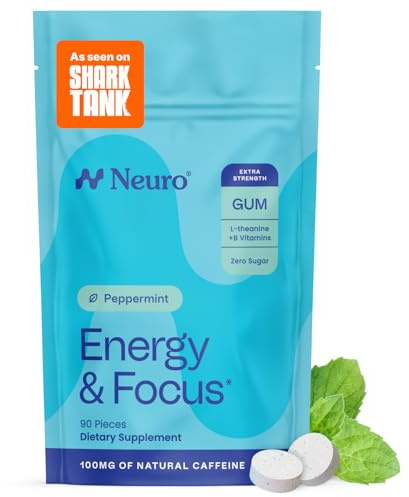 Neuro Energy & Focus Gum, Extra Strength - 100mg Natural Caffeine Gum & Nootropic Energy Supplement with L-Theanine & B Vitamins - Sugar Free, Vegan - Peppermint, 90ct