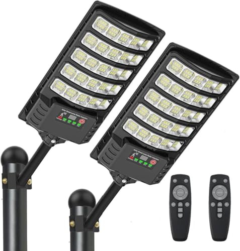 SENDALE 600W Lampione Solare Led Esterno con Telecomando 2 pezzi,IP66 Impermeabile Lampada Stradale Solare con Sensore di Movimento,6500K Lampioni da Giardino Esterno Solari per Garage Strada