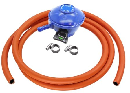 JD Brands Regulador de gas butano de 21 mm con manguera de 2 m y 2 clips, color azul, se adapta a válvulas Calor de 21 mm para barbacoas, camping y calentadores de patio