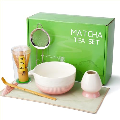 Matcha Whisk Set, 7 Pcs Ceramic Matcha Set, Includes Matcha Bowl, Matcha Whisk, Chasen Holder, Bamboo Scoop, Scoop Rest, Stainless Sifter, Tea Towel, Matcha Kit for Matcha Tea Ceremony