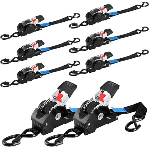 Automatik Spanngurt, 3 m x 25mm, 300 daN | 748 kg Bruchlast, 8 Stück | Selbstaufrollende Spanngurte, Ratschengurt mit S Haken, Zurrgurt für Anhänger, Motorrad, Fahrrad Mehr, Schwarz
