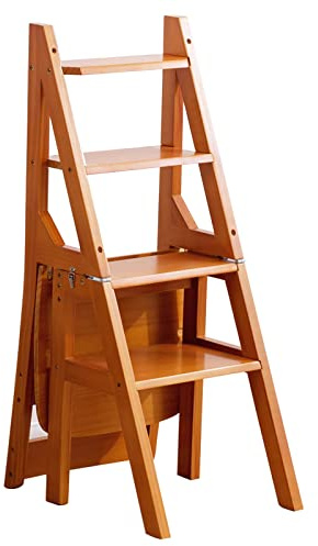 Aioneer Chaise Échelle Pliante en Bois Massif, Tabouret-Escabeau, Double Usage, 4 Marches, Présentoir, Support À Fleurs, Marron, 46 X 35 X 90 Cm
