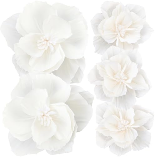 SUNNYCLUE 5Pcs White Paper Flowers Paper Artificial Flower Crepe Tissue Pom Poms Floral Large 3D Handmade Wall Decorations for Wedding Birthday Holiday Party Backdrop Table Centerpieces Decor