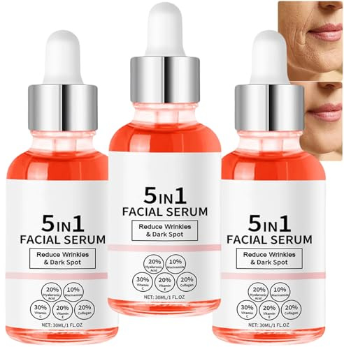 Siero viso anti-età 5 in 1, siero rassodante ai peptidi per rughe profonde, effetto lifting e rassodante, siero antirughe, essenza idratante e rimpolpante per viso e, riduce le linee sottili (3PCS)