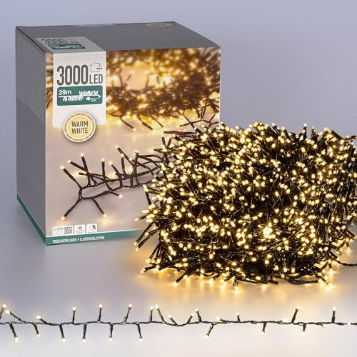 ECD Germany Ghirlanda di lampadine a LED da 39 metri, 3000 LED, luce bianca calda, con timer, 8 modalità di illuminazione, IP44, per interni ed esterni, luci natalizie, decorazioni natalizie