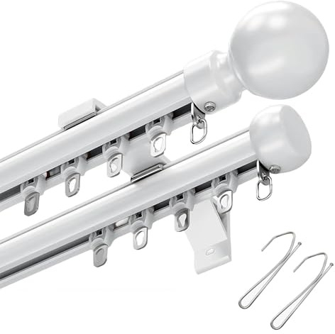 Gardinenstangen Innenlauf 2-läufig, Vorhangschiene Aus Aluminium, 50-800 cm Wandmontage, Mit Zubehör, Für Schwere Vorhänge, Schlafzimmer, Hotel(Weiß,90cm)