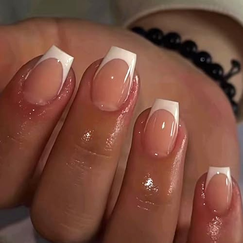 Ceboic 24 Stück French Tip Kunstnägel, Ballerina Nude Weiß Press on Nails, Elegante Glänzend Nägel Zum Aufkleben, Natürlich Wiederverwendbare Full Cover Künstliche Fingernägel für Frauen Mädchen