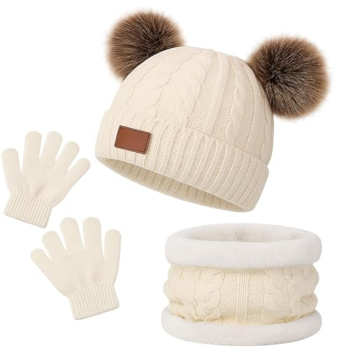 GWAWG 3Pcs Kids Winter Warm Beanie Hat Scarf Gloves Set for 1-5 Years Old Boys Girls. Winter Accessories Sets for Children Outdoor Sports, Knit Thick Warm Fleece Lined Thermal Sets (White)