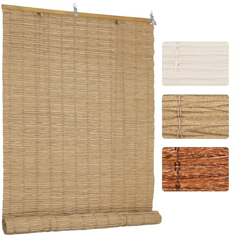 Grandekor PE Outdoor Rollo Wetterfest Bambus Look für Fenster Tür,B60 x H160 cm Hellbraun,Imitation Bambusrollo Sonnenschutz, Blickdicht UV-Schutz für Innen-& Aussenbereich, Einfache Montage