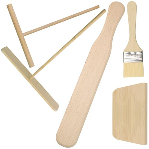BATHRINS 5-teiliges Crepes Set aus Buchenholz mit T-Teigverteiler, Spatel, Pinsel für perfekte Crêpes und Pfannkuchen, praktische Backwerkzeuge