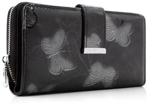 ekavale Portemonnaie Damen Leder mit Schmetterling Muster Große Damen-Geldbörse mit RFID-Schutz stilvolle Langbörse für Frauen aus Lackiertem Leder für Alltag Reisen und Shopping (Schwarz)