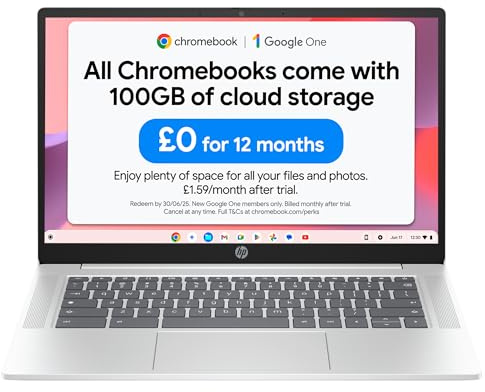 HP Chromebook 14 | Intel N100 Processor | 8 GB RAM | 128 GB Storage | Intel UHD Graphics |Chrome OS|Dual Speakers |Glacier Silver| 14a-nf0003na - 100GB cloud storage not included (Renewed)