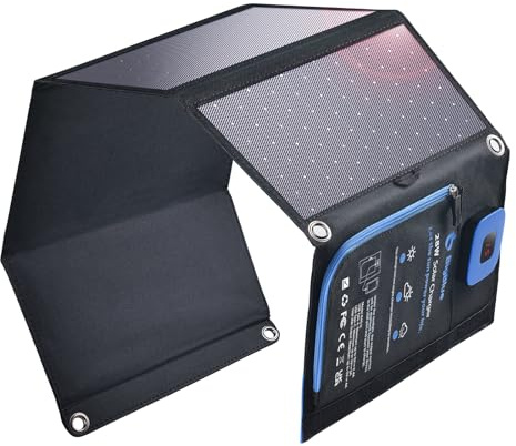BigBlue Portable Solar Charger 28W with Digital Ammeter,25.4% High-Efficiency, USB-A/USB-C Ports, Folding Waterproof Solar Panels with Carabiners for Camping, Backpacking, Phones, Tablets, Power Bank