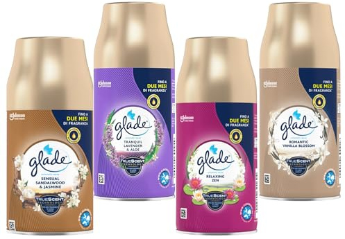 Glade Automatic Sprayset med 4 påfyllningsförpackningar – lavendel och jasmin – avslappnande zen – vaniljblomma – sandelträ från Bali och Jasmin