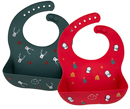Little Dimsum Bavaglini in silicone per neonati Bavaglini impermeabili morbidi e facilmente regolabili e pulibili perfetti per neonati e bambini piccoli （Pupazzo di neve e alci）