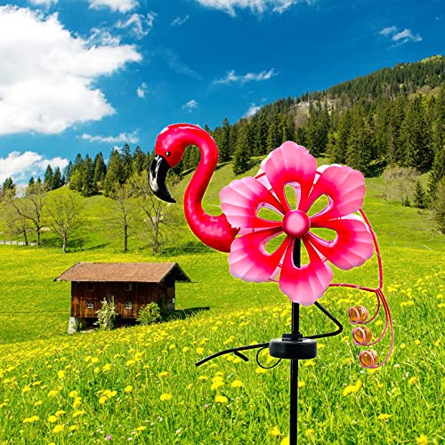 SUBOLO Solar Wind Spinner with Metal Sculpture Garden Stake Flamingo Decor Multi-Color LED Lights for Outdoor Yard Lawn & Garden Decoration