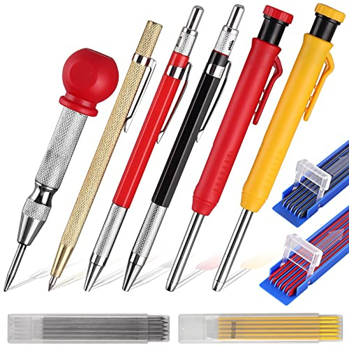 XUNTOP 6PCS Pencil Kit, Carpenters Pencils 45mm Extension and Nose Tip Design Built-In Sharpener Multi-coloured Refills, Work Pencils for Builders for Marking on Wood Plastic Steel or Walls