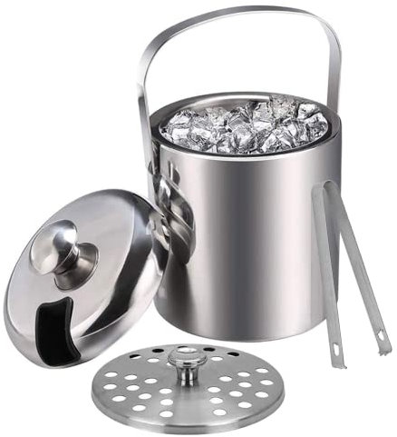 Emsmil Secchiello Ghiaccio in Acciaio Inox Doppia Parete Portaghiaccio con Manico Pinze Coperchio e Filtro Bottiglie Raffreddamento Secchio 3L per Bar Casa Champagne Vino Bevande Barman Famiglie