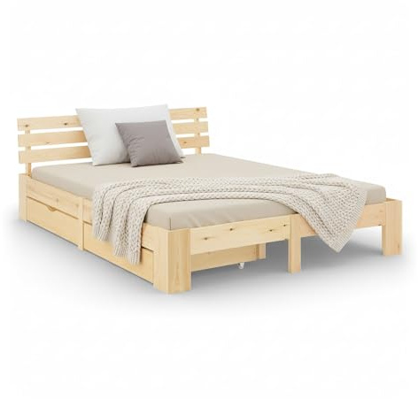 Homestyle4u Holzbett 140x200 mit Schubladen, Doppelbett Lattenrost Kiefer | Massivholzbett Natur inklusive 2 Bettkasten mit Stauraum, stabiles Bettgestell für Schlafzimmer und Jugendzimmer