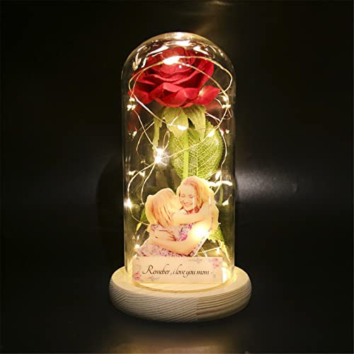 Ozinna Custom Photo Glass Rose, Rose in Glass Dome with Fairy Lights, Light Up Artificial Eternal Flower Bedroom Decor with Led Light String for Mothers’ Day, Birthday, Anniversary, Christmas