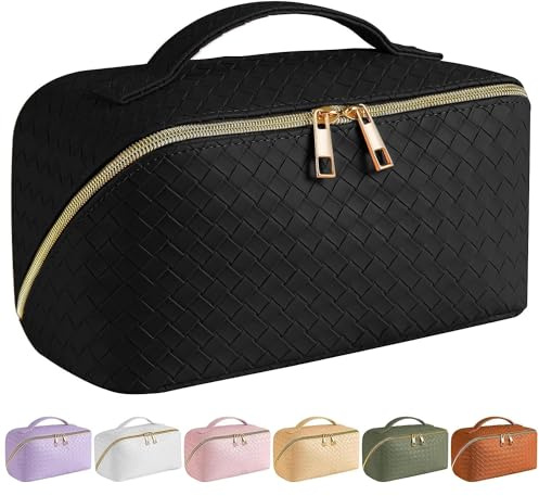 SFXULIX Large Capacity Travel Cosmetic Bag - Makeup Bag, PU Leather Waterproof Cosmetic Bag, Women Portable Travel Makeup Bag with Handle and Divider Flat Lay Makeup Organizer Bag, Black