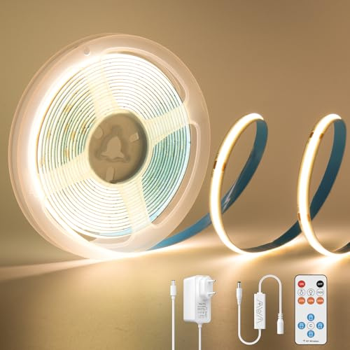 PAUTIX COB LED Streifen Warmweiss 3000K, 3m 480LEDs/M Dimmbar 24V Flexibel LED Strip lights Set mit RF Fernbedienung und Netzteil,CRI 85+ Hell Unterbauleuchte für Home DIY Dekoration,Timerfunktion