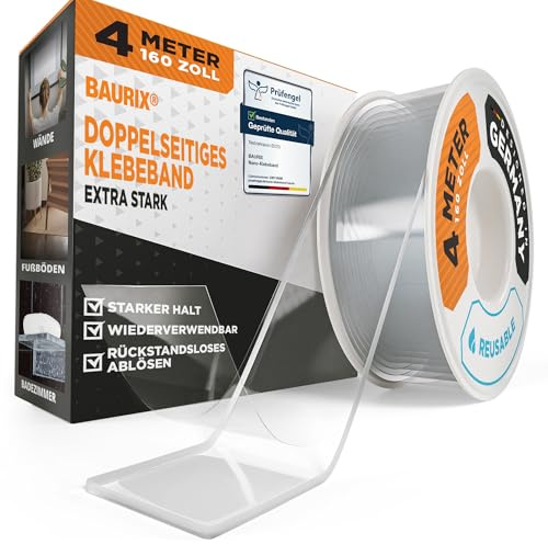 BAURIX® Ruban Adhésif Double Face 4 m – Nano, Extra Fort, Transparent | Fixe jusqu’à 1 kg sans percer ni clou. Colle sur mur, verre et carrelage, se retire sans traces, réutilisable.