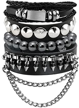 Eigso 4 Pezzi Bracciali Punk In Pelle Borchiata Per Uomo E Donna Con Catena Set Bracciale Biker Steampunk Regolabile Bracciale Anni '80 Retro