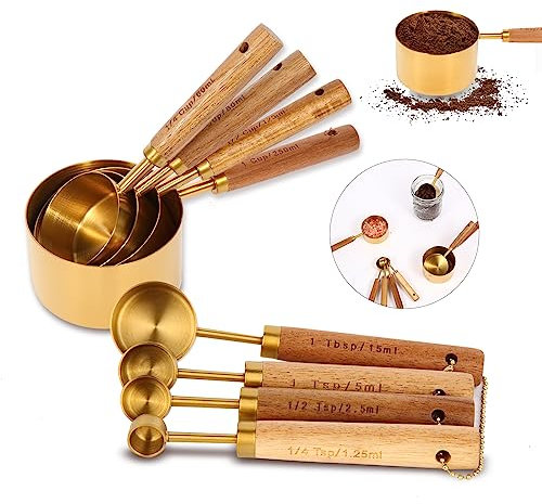 Juego de tazas y cucharas medidoras doradas con asas de madera fragantes, cucharas medidoras de acero inoxidable de alta calidad y tazas medidoras, para cocinar y hornear en la cocina (8 piezas)
