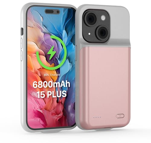 TQTHL Akkuhülle für iPhone 15 Plus, [ 6800mAh ] Zusatzakku Ladehülle Akku hülle Handyhülle,wiederaufladbare Powerbank Akku Hülle kompatibel für iPhone 15 Plus (6.7 Zoll) (rosa)