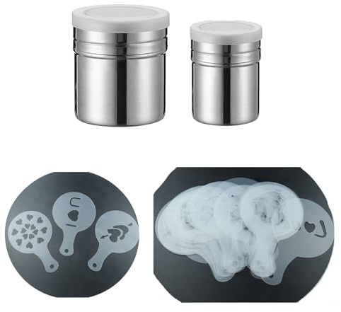 Hoshisea 2 Stück Puderzuckerstreue, 24 Stück Kaffeeschablonen, Mehlsieb, Kakaostreuer, Kakaostreuer für Cappuccino, Barista Vorlage, Für die Herstellung von Kaffeemustern