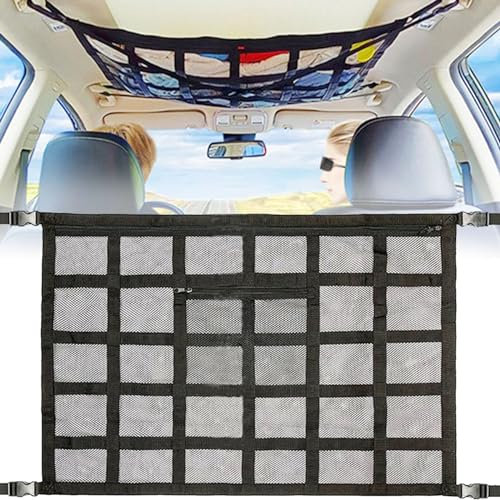 Qooloo Rete Bagagliaio Auto, 90 × 65 cm Rete Portaoggetti da Soffitto Per Auto, Carico per Soffitto Interni, Elastica con Tasche con Cerniera,per Quattro Braccioli da Tetto SUV Jeep