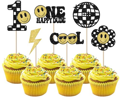 24 Pack One Happy Dude Cupcake Toppers Glitter Smile Face Cupcake Picks Groovy One Cool Dude 1st Birthday Cake Decorations Baby Shower Kids One Year Old Birthday Theme Party Supplies