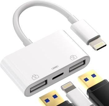 Lightning-auf-USB-Adapter (3-in-1) für iPhone 14 für iPad 2, USB-A-Anschlüsse, OTG-Kabel, Stecker, Tastatur, Maus, Kamera, Flash-Laufwerk, Adapter, Kartenleser, Ladegerät für Apple-Splitteranschluss,