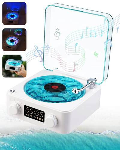 Waves Vinyl Bluetooth Speaker,Mini Record Player Style Speakers with Ocean Sound White Noise,Retro Bluetooth Speakers Cute with Light and Timer Gifts for Girls Women Valentine's Day Party Favor