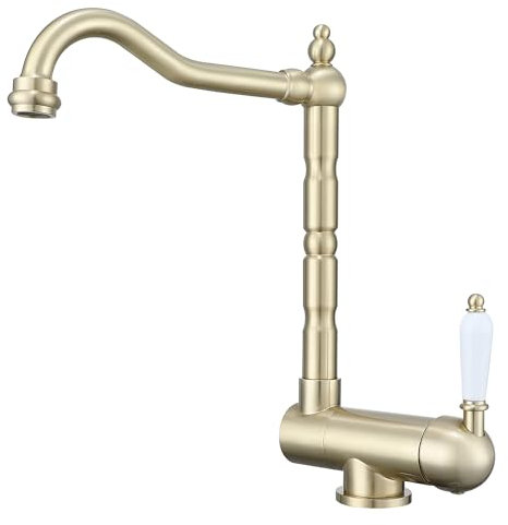 Vorfenster Küchenarmatur Gold Gebürstet, Hochdruck Wasserhahn Küche Gold Gebürstet, Flexible Mischbatterie Küche 360° Drehbare/180° Faltbar/Schwenkbarer Auslauf, Hochdruck Armatur Küche Aus Brass