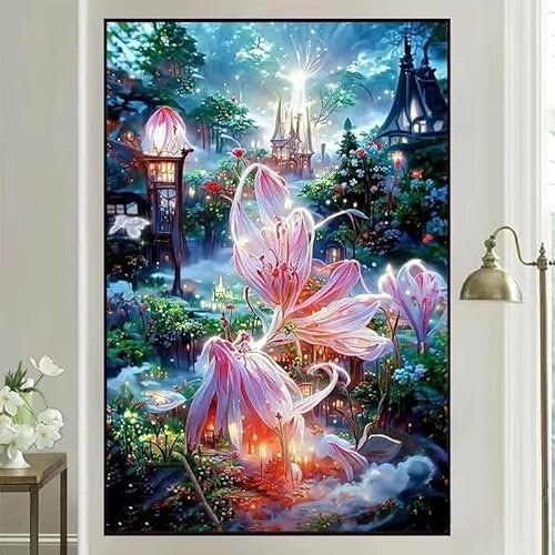 Landschaft Malen Nach Zahlen Erwachsene Bastelset, Paint by Numbers Blume Malen Nach Zahlen Anfänger, DIY Ölgemälde Leinwand Set mit 3 Set Pinsels und Farbe, Zimmer Deko 80x100cm, Geschenk für Frauen