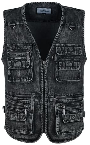 Men's Zipper Multi Pockets Casual Vest Outdoor Travel Fishing Hunting Photo Utility Work Cargo Vests Denim Black