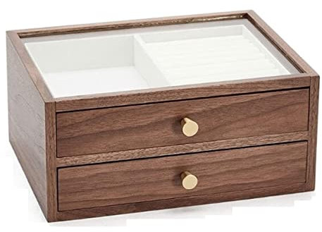 ASHSDI Schmuckaufbewahrung Holz Schmuckschatulle Schmuck Organizer Box Zweilagig Schmuckschatulle Für Damen Vitrine Mit Glasring Vintage Nussbaum Schmuckschatulle Schmuckschrank