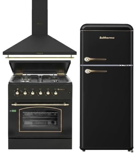 SOLTHERMIC PACK 3 EN 1 NEGRO RUSTICO ACABADOS DORADOS F6S40E5RB con HORNO ELECTRICO + CAMPANA DECORATIVA DE 60 CM H60PR + frigorifico RETRO 2P F2PR147N de 1,47 cm alto x 55 ancho y 220L