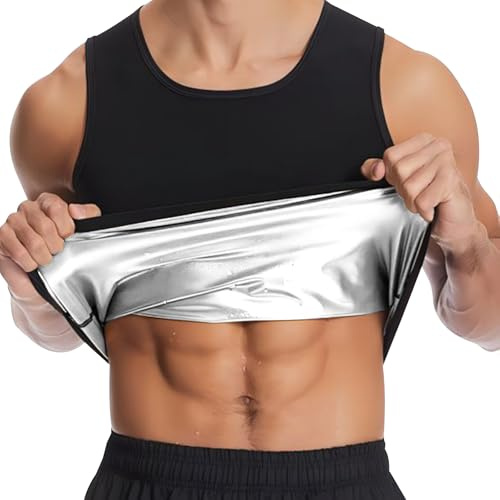 GENEMEN Men Sauna Suit Sweat Slimming Vest Shapewear Fitness Tank Top Gym Workout Sports Shirt (Lining Silver, L)