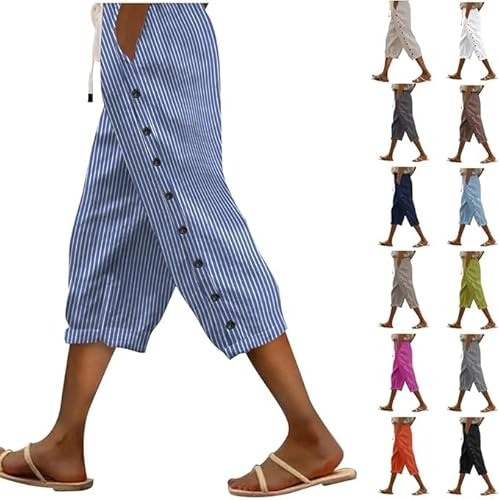 Linen Trousers Womens Drawstring Elastic Waist Cropped Trousers Lightweight Summer Capri Pants with Pockets Casual 3/4 Length Trousers Beach Pants for Ladies