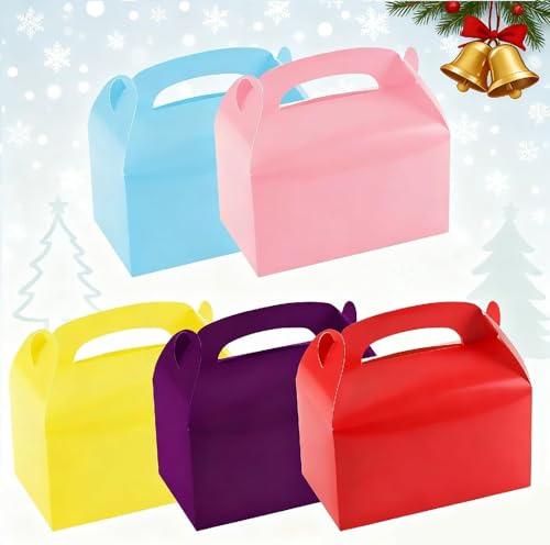 20Pcs Cardboard Christmas Party Cake Boxes, Bright Colours Gable Bags Lunch Takeaway Carry Meal Loot Goodie Box for Kids Childrens Gift Treat Favour Decorate Birthday Picnics Wedding 16*9*8.5CM