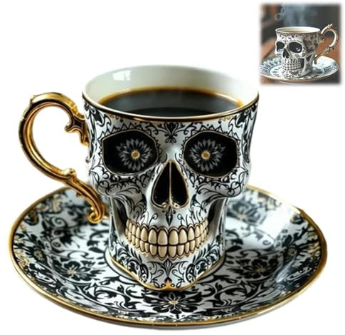 Royal Skull Kaffeetasse, Totenkopf-Kaffeetasse mit Untertasse, Gothic-Porzellan-Teetasse mit Goldrand, Totenkopf-Kaffeetasse für Kaffeeliebhaber und Sammler, Heimbüro, Halloween-Dekor (A)