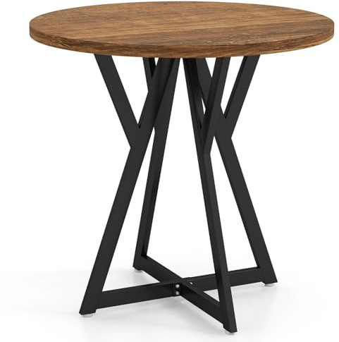 COSTWAY 80cm Round Dining Table, Wooden Kitchen Table with Metal Pedestal Base, Thickened Top, Adjustable Foot Pads & Stable X-shaped Base, Dinner Table for Dining Room Restaurant (Black+Rustic Brown)